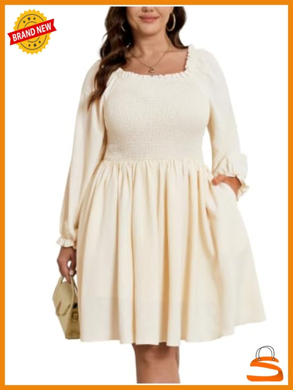 Plus Size A-Line Mini Dress Long Sleeve Square Neck Smocked